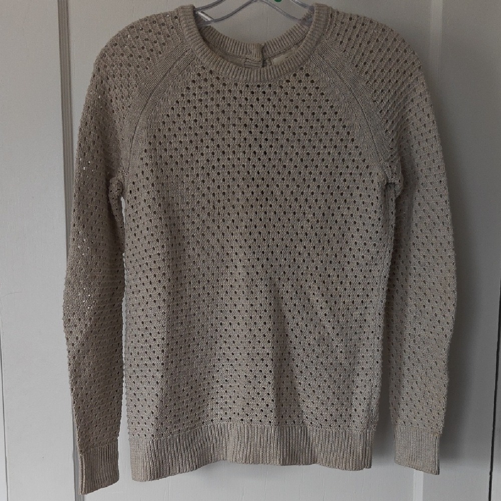 Max Studio Neutral Beige Open-Knit Crewneck Sweater
